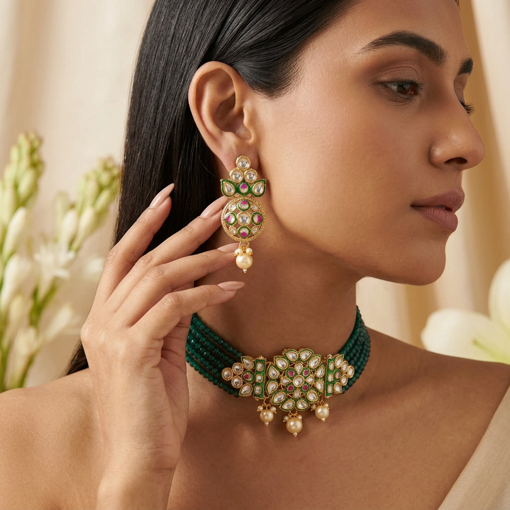 Sejal Kundan Choker Necklace Set (Green)