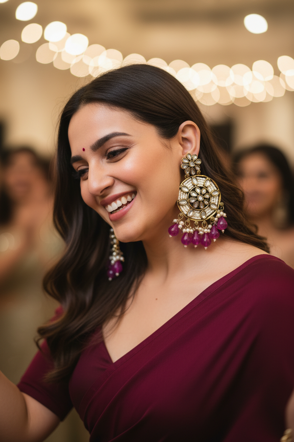 Siya Kundan Earrings (Rani -pink)