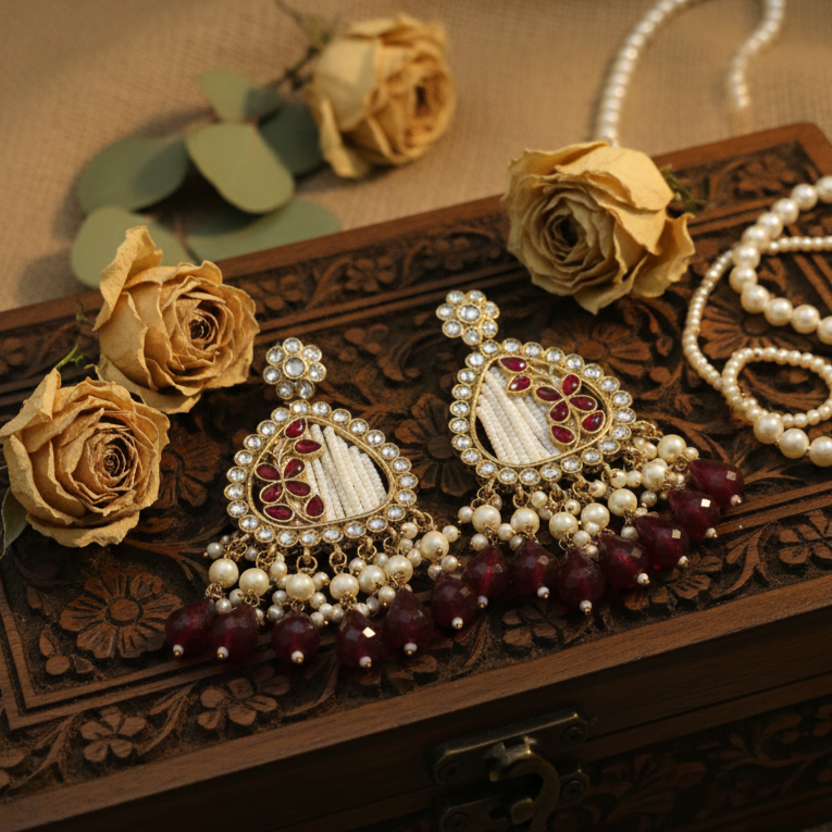 Noori Kundan Earrings (Wine)