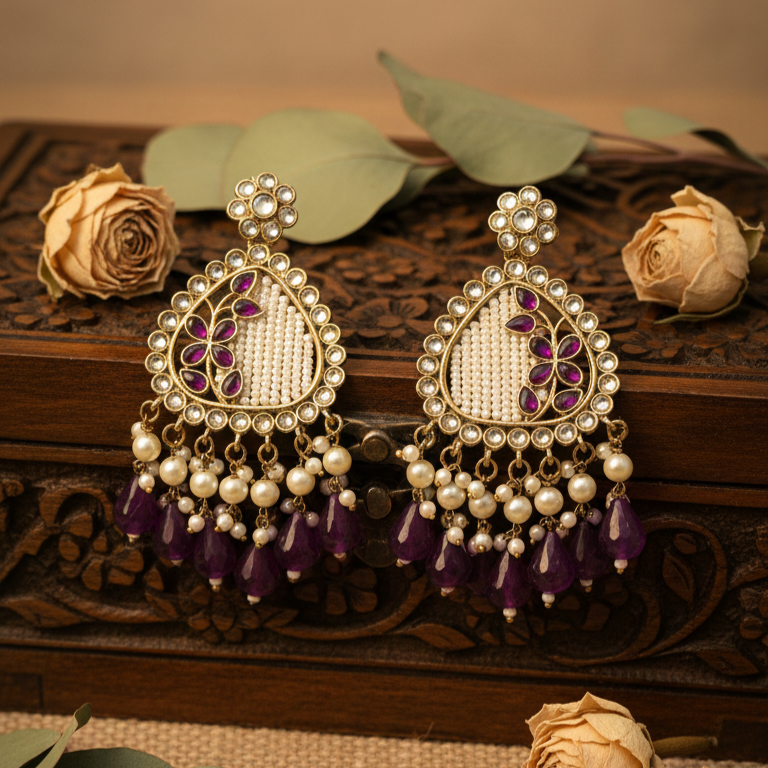 Noori Kundan Earrings (Purple)