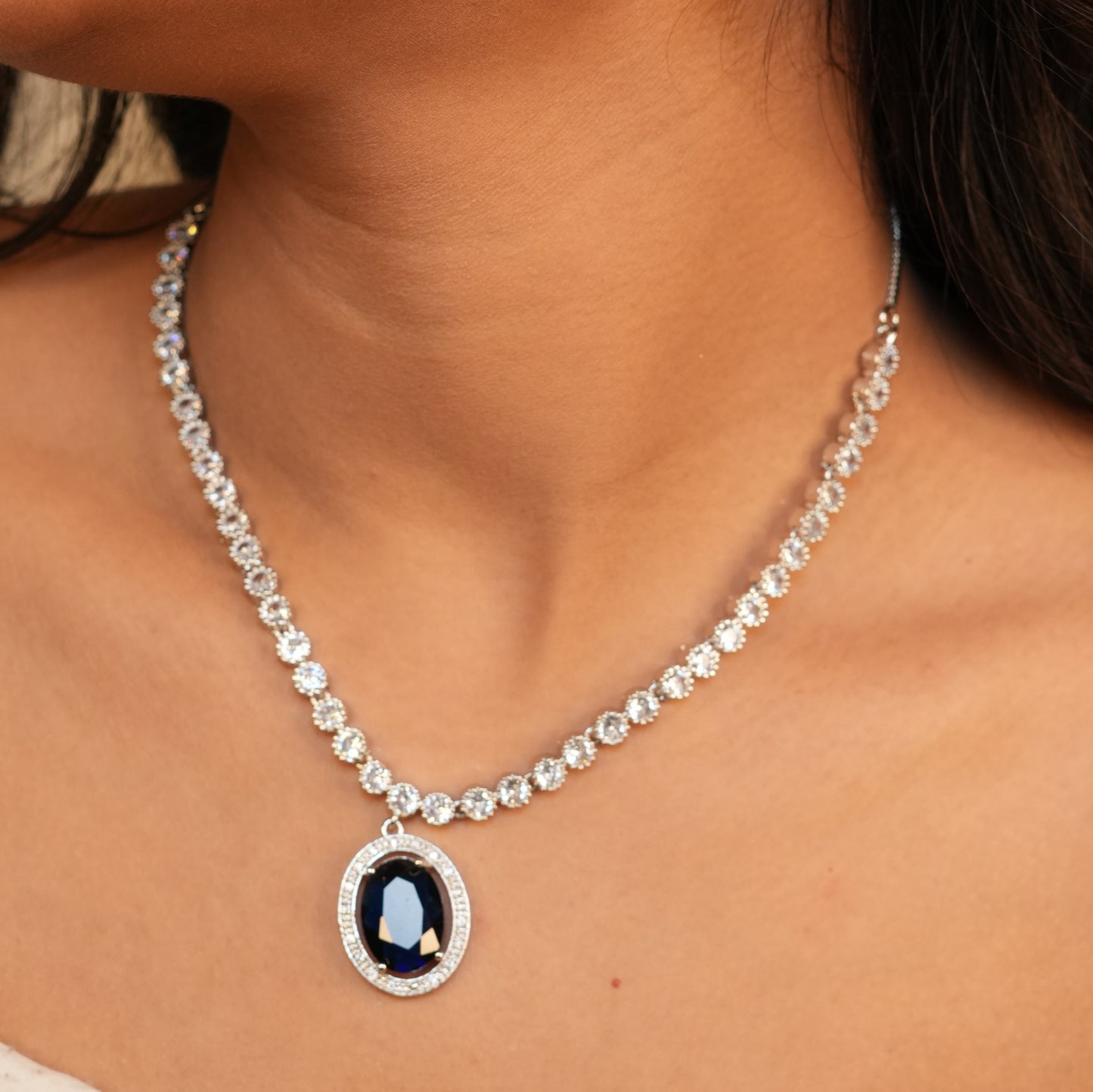 Regal Solitaire AD Necklace (Blue)