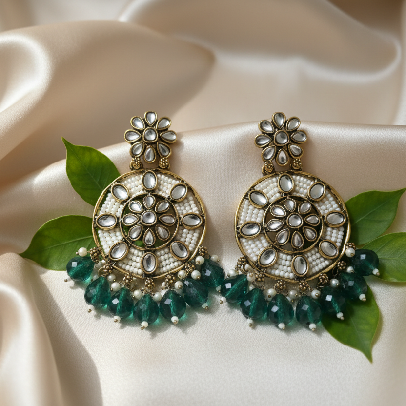 Siya Kundan Earrings (Emerald Green)