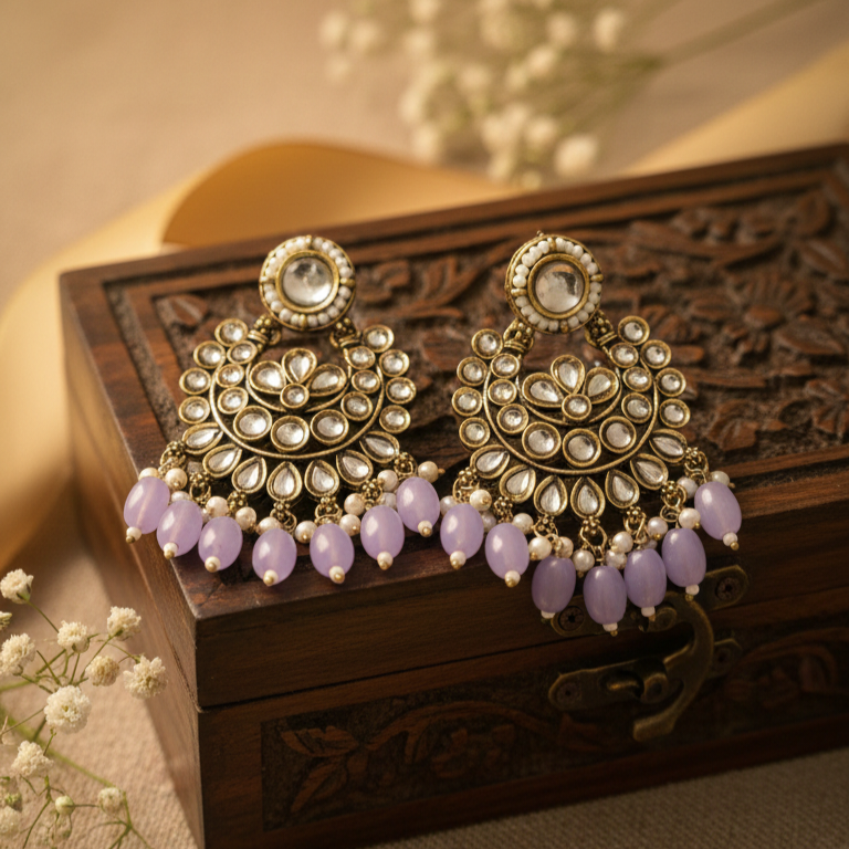 Diya Kundan Earrings (Purple)