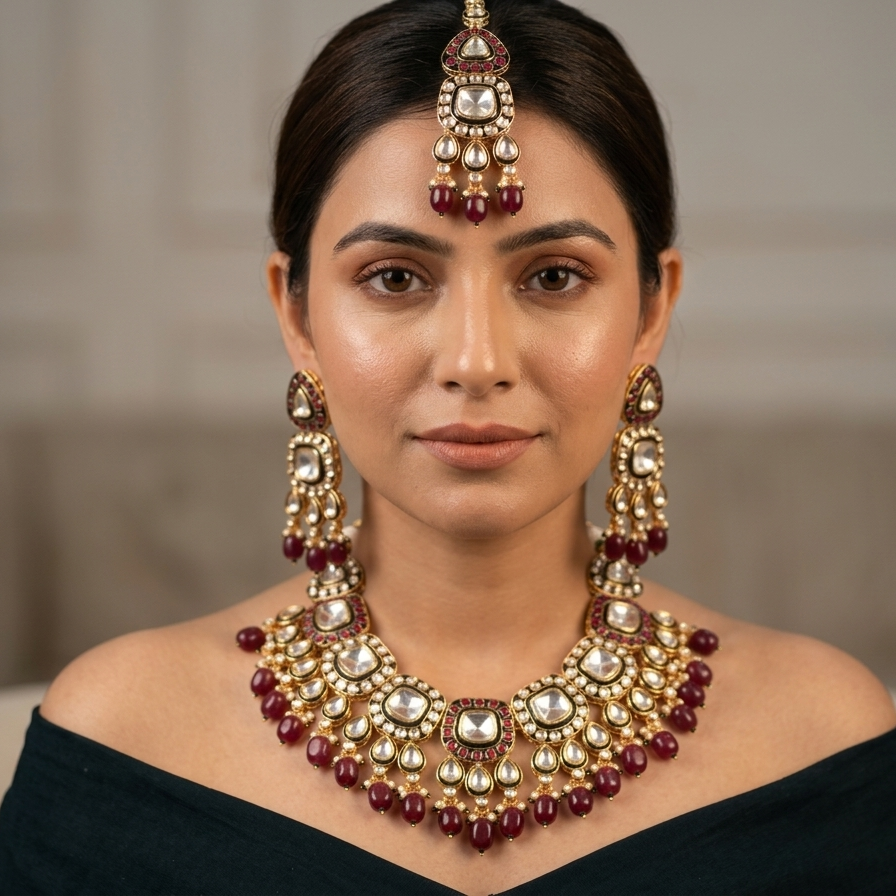 Maira Meenakari Polki set (Wine-green)