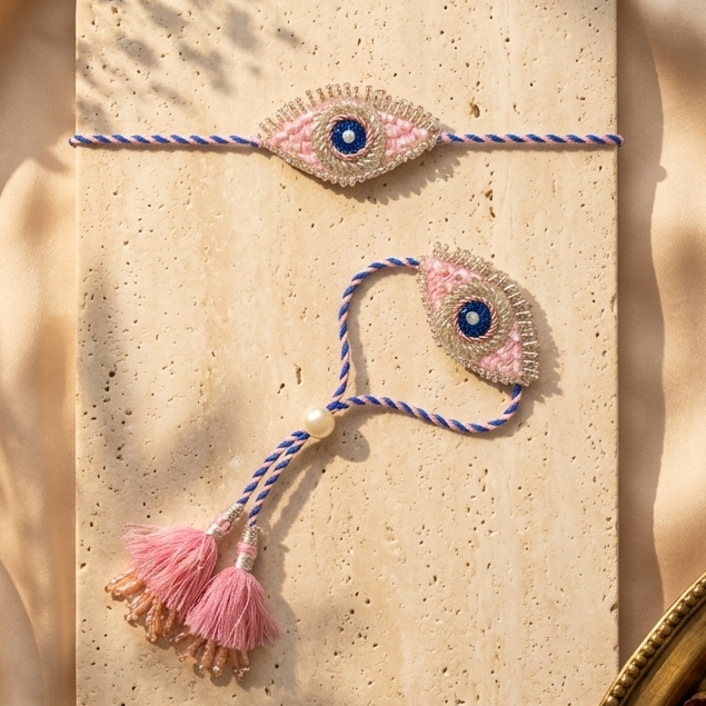 Pink Blue Evil Eye Lumba Rakhi Set