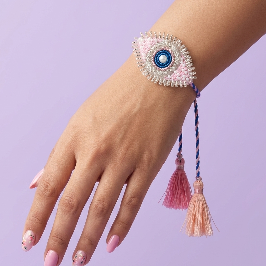 Pink Blue Evil Eye Lumba Rakhi Set
